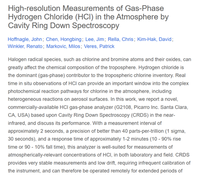 英文文献（Picarro G2108）High-resolution Measurements of Gas-Phase Hydrogen Chloride (HCl) in the Atmosphere by Cavity Ring Down Spectroscopy