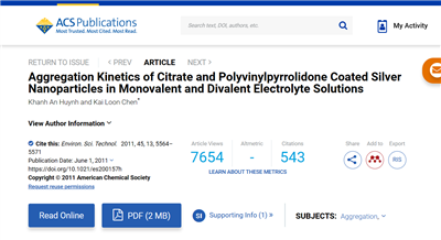 英文文献（BI-200SM）Aggregation Kinetics of Citrate and Polyvinylpyrrolidone Coated Silver Nanoparticles in Monovalent and Divalent Electrolyte Solutions